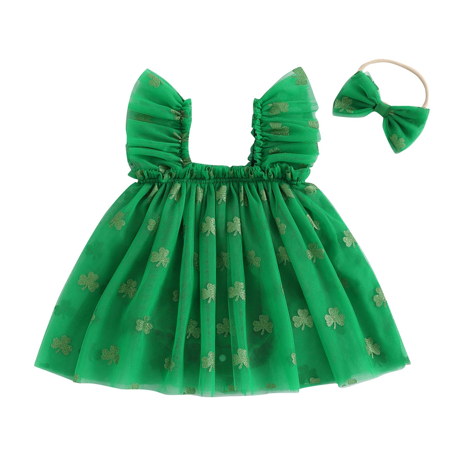 Nokpsedcb St Patricks Day Baby Girl Outfit Cute Shamrock Print Sleeveless Square Neck Party A-Line Dress (Green Shamrock, 0-3 Months)