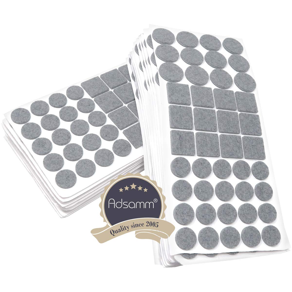 Adsamm® / 880 x almohadillas de fieltro / gris / diferentes tamaños / Ø 28 mm / Ø 20 mm / 25x25 mm / Protectores de suelo para patas de mueble / auto-adhesivos / con grosor de 3,5 mm de la máxima calidad