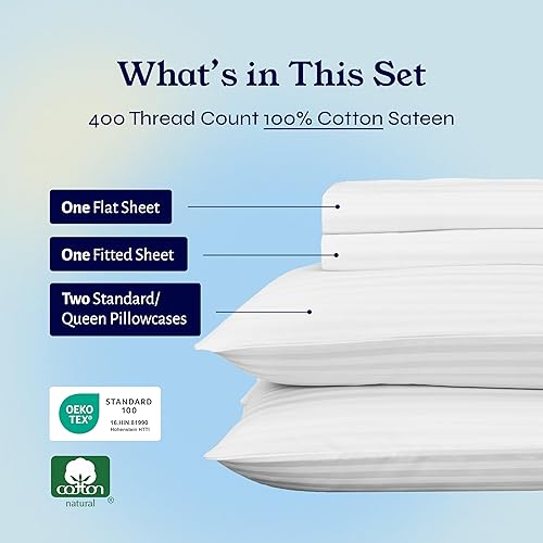 Vista 260 de Juego de sábanas de 400 hilos y 6 piezas, tamaño King, con 4 fundas de almohada, ropa de cama de 100 % algodón con tejido satinado, color azul 12