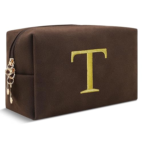 Miniatura 188 de Bolsa de maquillaje personalizada con inicial A-Z Preppy Patch, pequeña bolsa de cosméticos de PU con letra de chenilla y cierre para niñas Negro