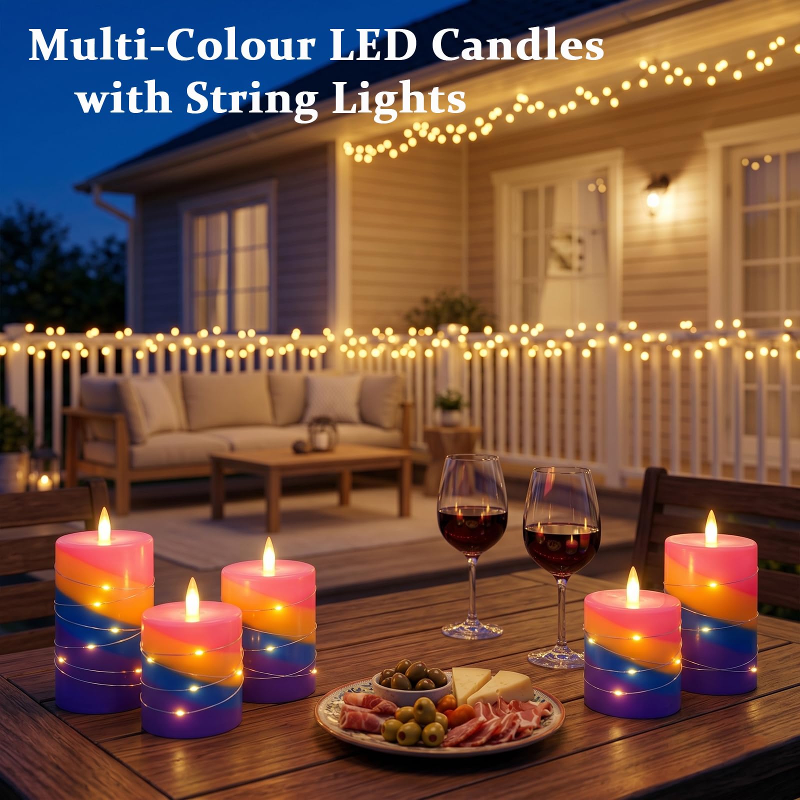 Lot de 3 bougies LED sans flamme avec guirlande lumineuse, bougies piliers multicolores en cire de paraffine avec télécommande et minuterie, bougies électriques vacillantes à piles pour atmosphère