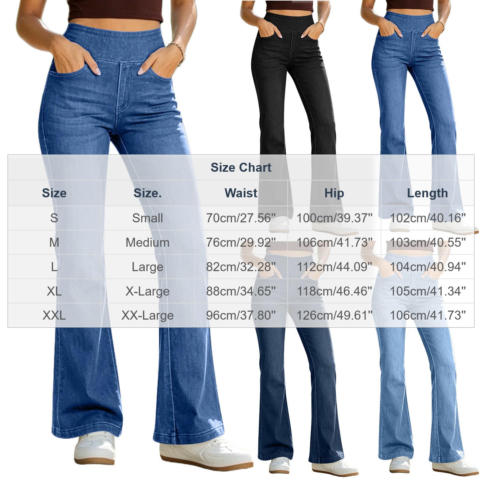Générique Pantalon De Jean Évasé pour Femme avec Taille Haute Élastique Et Poches - Pantalons Style Rétro À Coupe Cloche, Idéal comme Pantalon Décontracté pour Le Quotidien Et Le Week-End.
