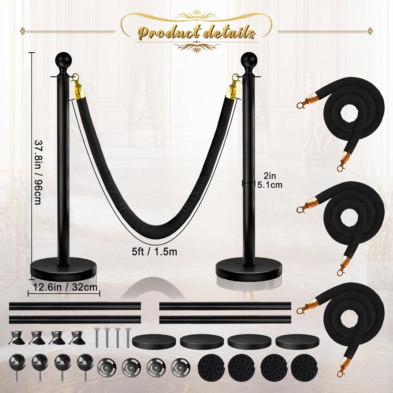 4 Pcs Black Stanchions with Velvet Ropes with 3 Pcs 5 Ft Black Velvet Ropes Carpet Ropes Posts Stanchion Set for Crowd Control Barriers for Weddings, Events, Hotels, and Party Decor