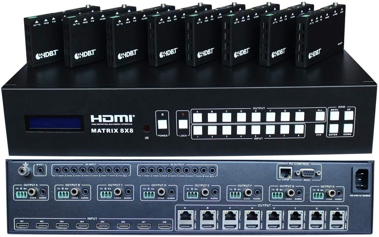 8x16 HDbaseT 4K Matrix SWITCHER 8x8 16x16 with 8 Receivers (CAT5e or CAT6) HDMI HDCP2.2 HDTV Routing SPDIF Audio CONTROL4 Savant Home Automation (8x16 HDbaseT Matrix - 230ft)