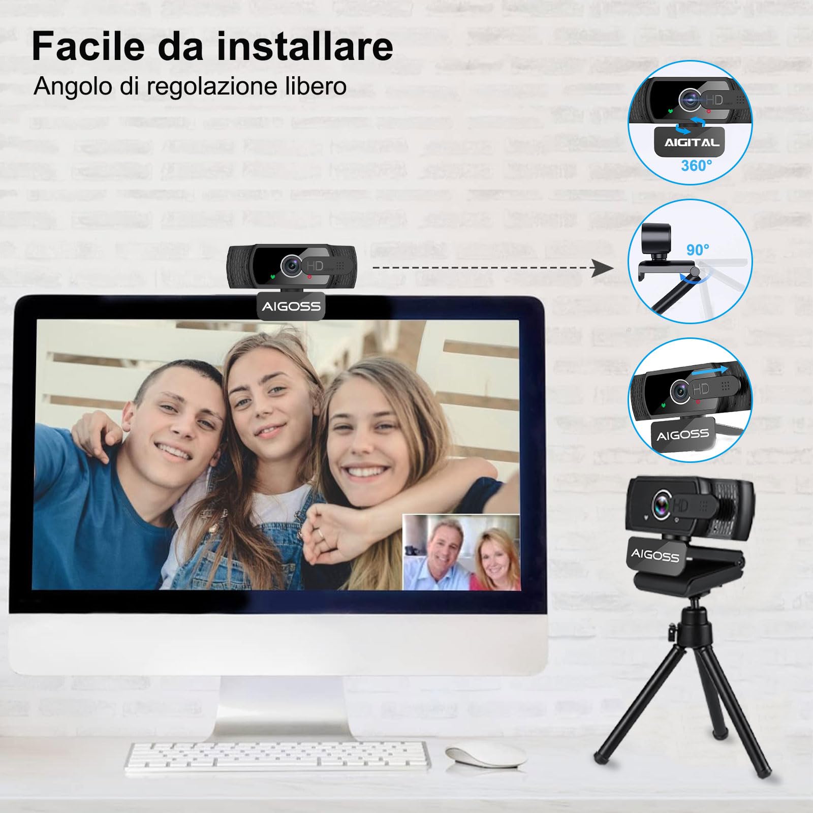 1080p Webcam PC con Microfono, Web Camera USB con Privacy Shutter e treppiede, Auto-Focus, Correzione Luce, Videocamera Full HD Plug Play per Laptop Desktop Mac Windows Skype Zoom Team