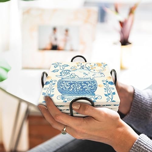 Miniatura 7 de Portavasos azules y blancos chinoiserie para gatos, posavasos de cerámica con base de corcho para amantes de los gatos, regalos de cumpleaños para