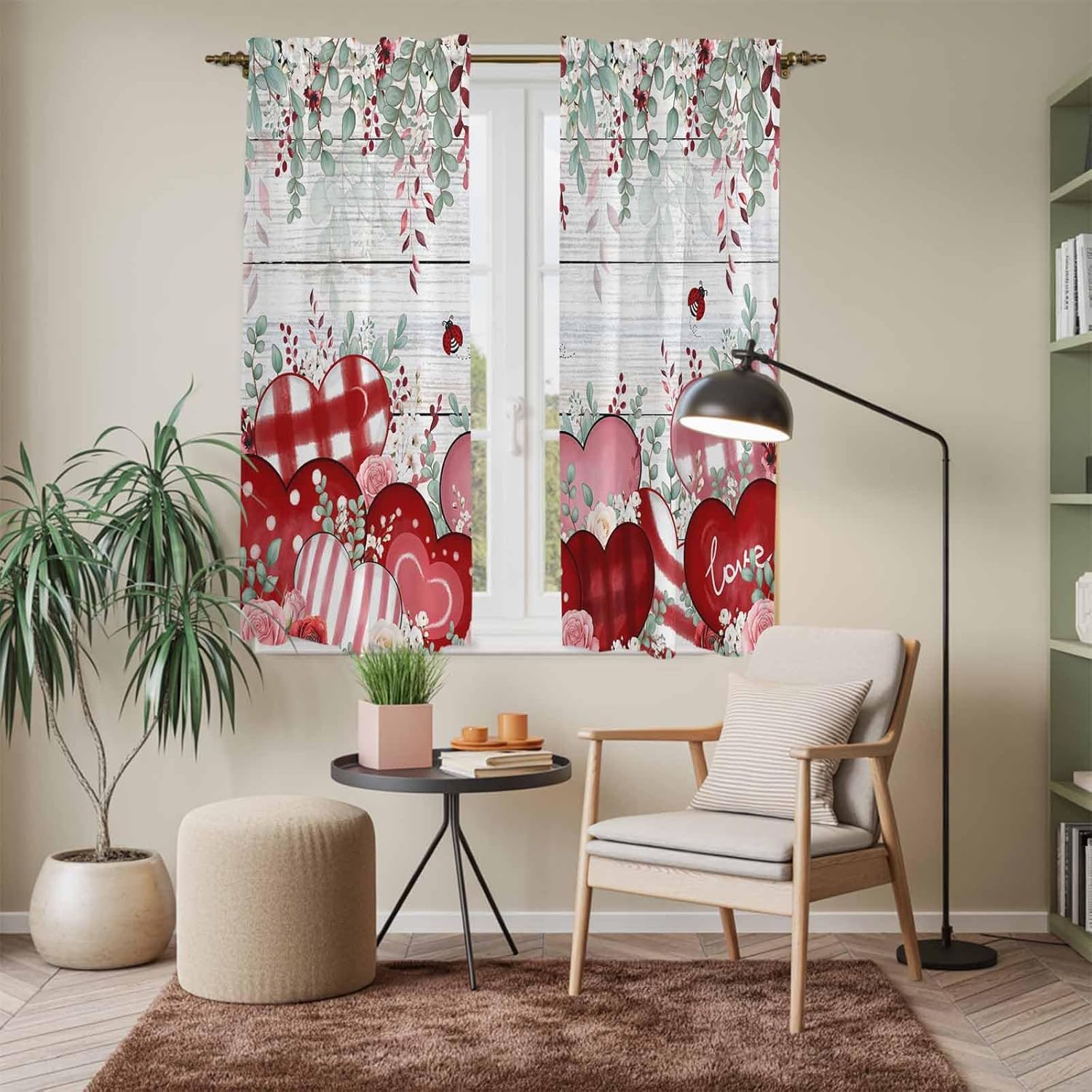 Love Heart Valentine's Kitchen Curtains, Eucalyptus Botanical Red Pink Vintage Light Filtering Window Curtain, 2Pcs Rod Pocket Window Treatments Set for Living Room Bathroom Bedroom 42x63 Inches