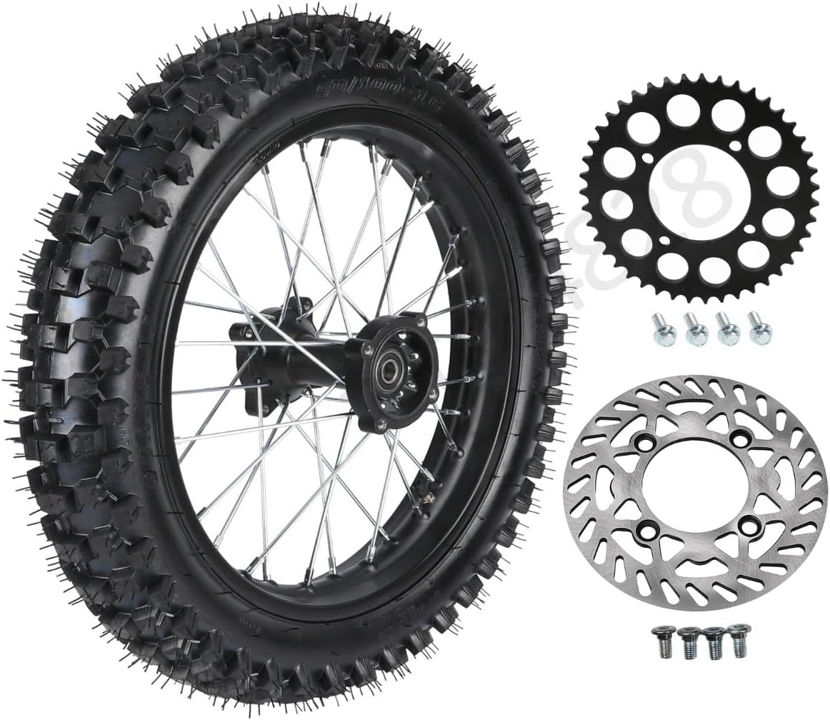 16" 90/100-16 Pit Bike Wheel Rear Tire Rim Assembly with Disc Brake Rotor and Chain Sprocket for Dirt Pit Pocket Rocket Monkey Trail Bike Offroad Motorcycle 125cc 150cc 250cc (428 43T Sprocket)
