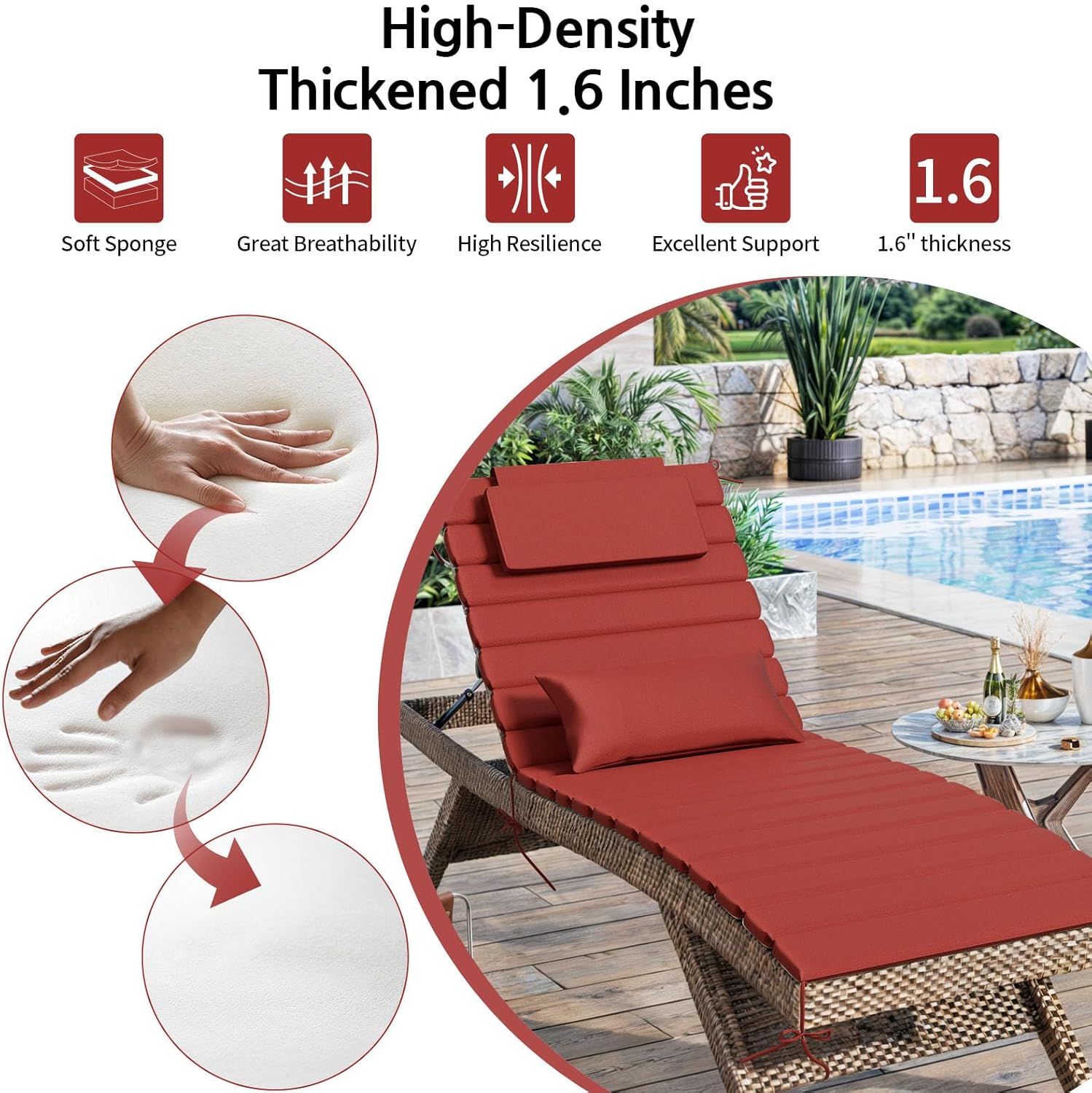 2PCS Outdoor Water-Resistant Olefin Chaise Lounge Cushions with Pillow, Weather and Fade Resistant Foldable Quilted Patio Reclining Lounger Chair Cushions with Straps, Red, 81" L x 27" W