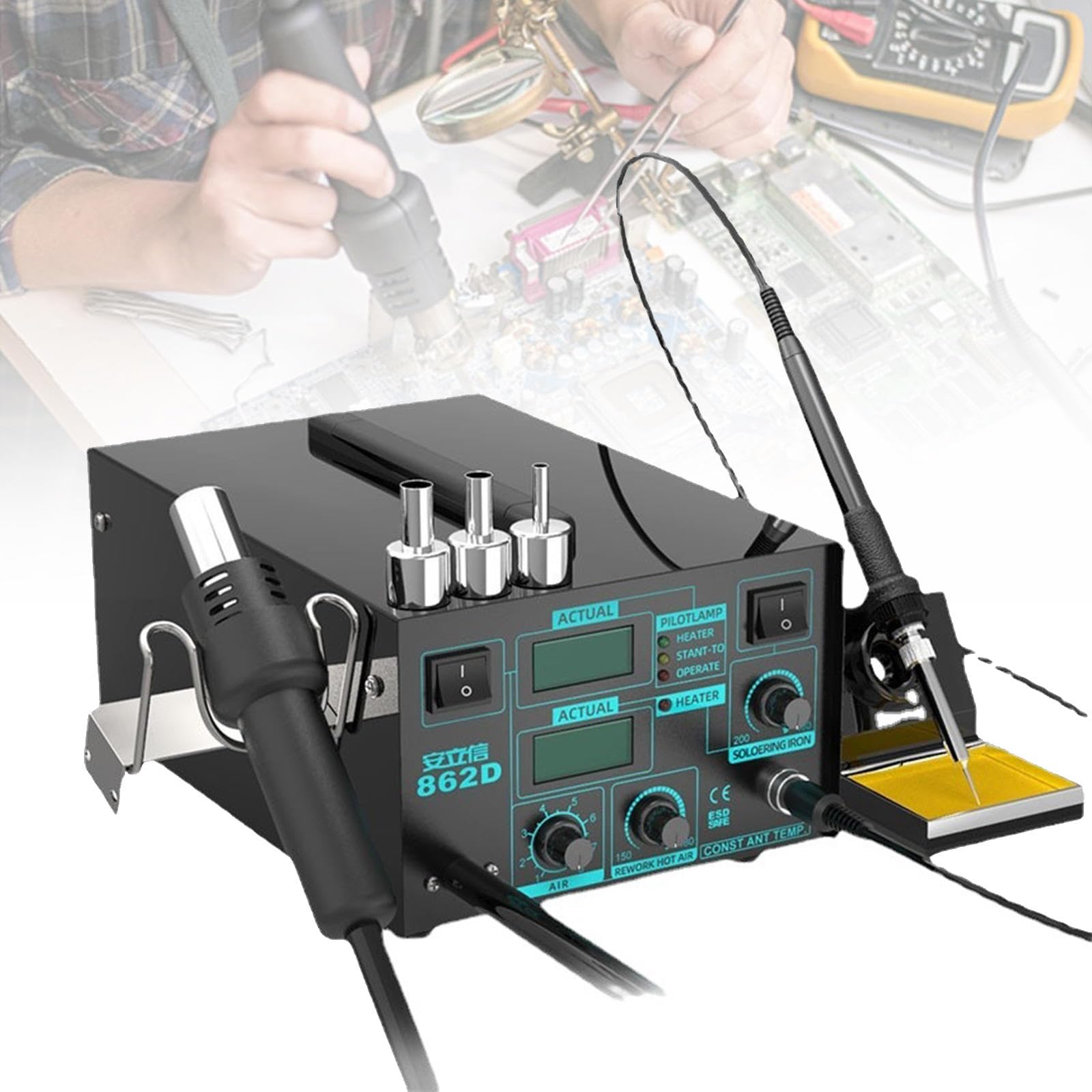 KJZQXYX 2 In 1 Hot Air Rework Station Solder Gun And Soldering Iron, Digital Soldering Iron Station, Steplessly Adjustable, for Industry (A)