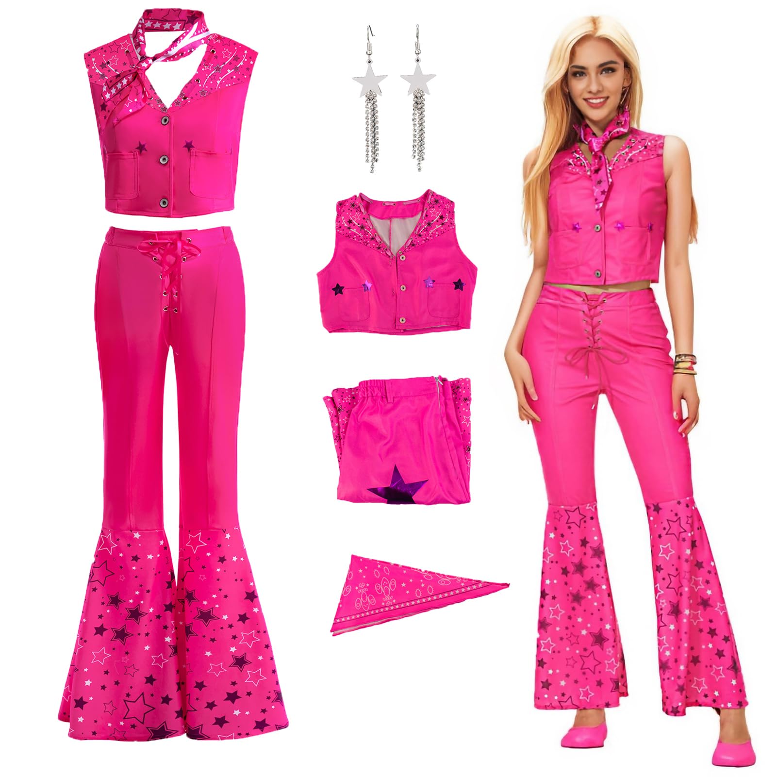 Amycute Women Pink Cowgirl Costume Outfits 70s 80s Disco Hippie Fancy Dress Margot Robbie Cosplay Role Play Costume for Adults
