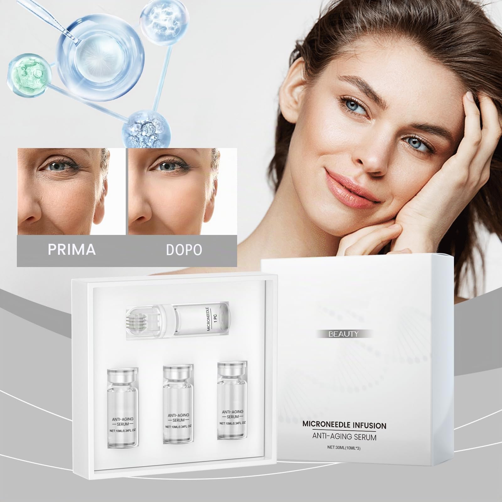 Sistema di Microinfusione Viso e Labbra – Siero con Acido Ialuronico Intensivo, Idratante e Antirughe, Trattamento Schiarente Professionale, Sistema di Micro-Infusione per Labbra per Pelli Sensibili