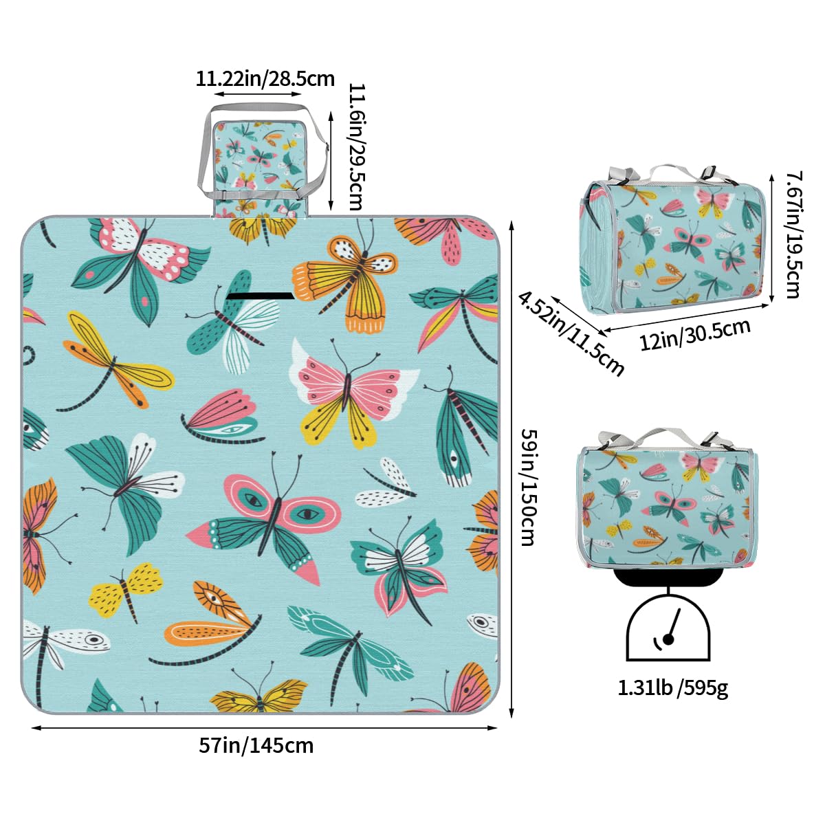Shimoshe Picnic Blankets 57”x 59”, Hand-painted Butterfly Waterproof Sandproof Picnic Mat Lightweight Foldable Beach Blanket for Camping Park Grass Beach Outdoor Blanket
