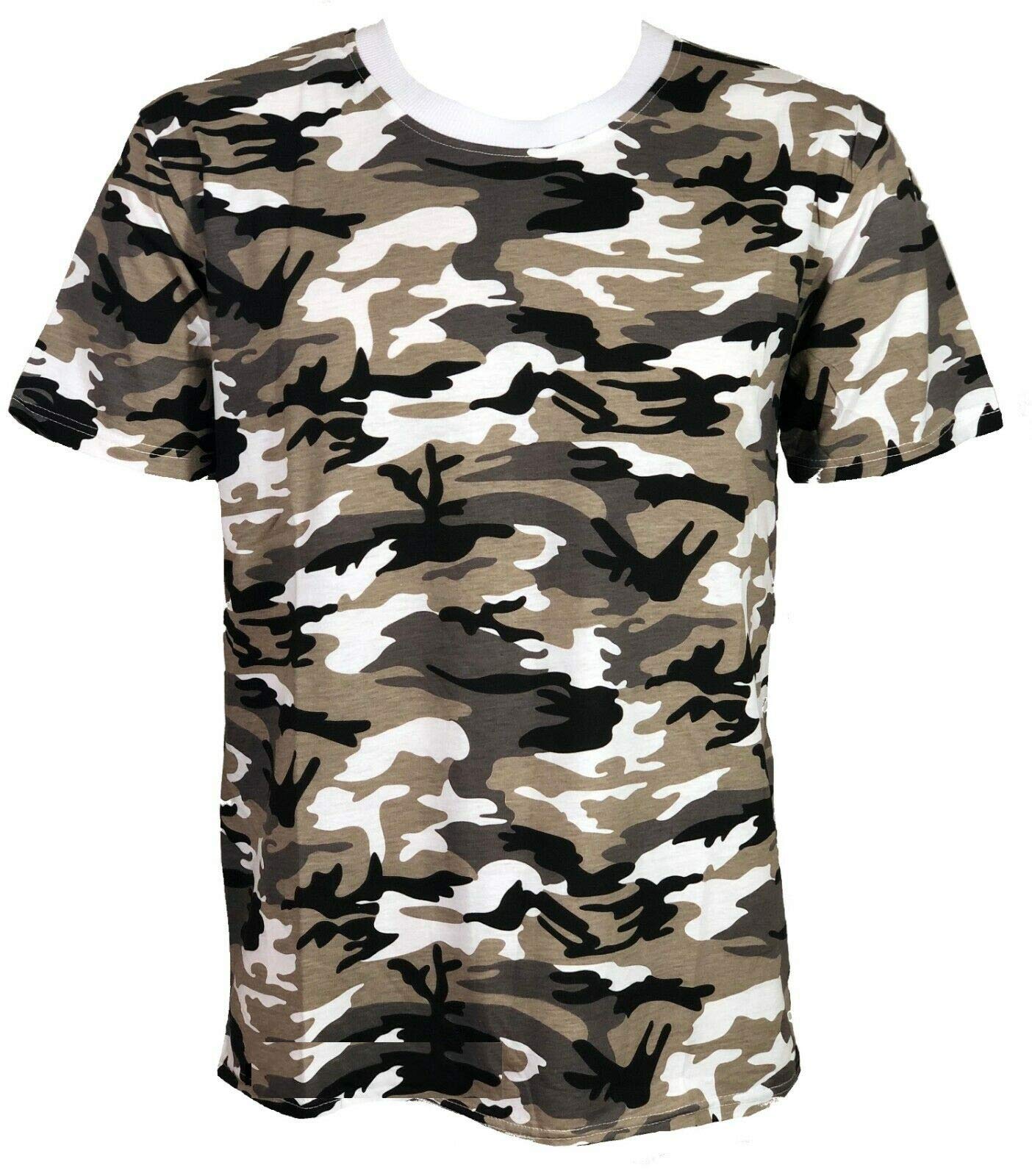 Mens Crew Neck Military Camouflage T-Shirts Army Combat Tee Summer Top Jungle (Military tee - White Camo, XL)