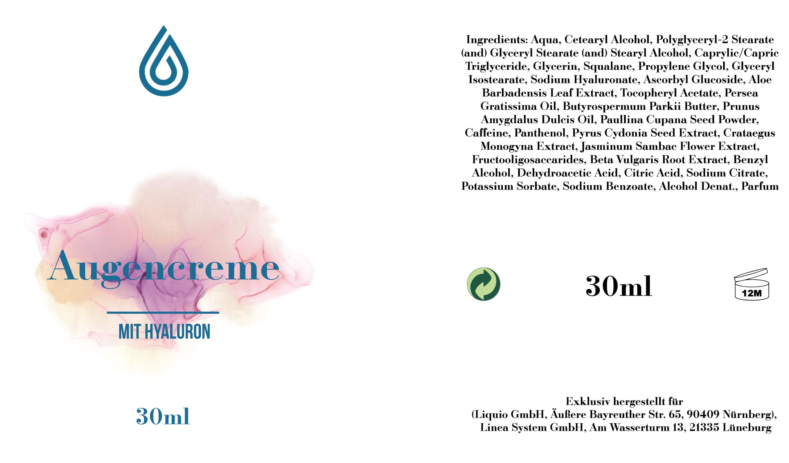 Crema per occhi Liquio con acido ialuronico biologico Aloe Vera Vitamina E, caffeina, guaranà – 30 ml – Anti Ageing Effetto Idratante Vegano contro le occhiaie e le occhiaie, tutti i tipi di pelle