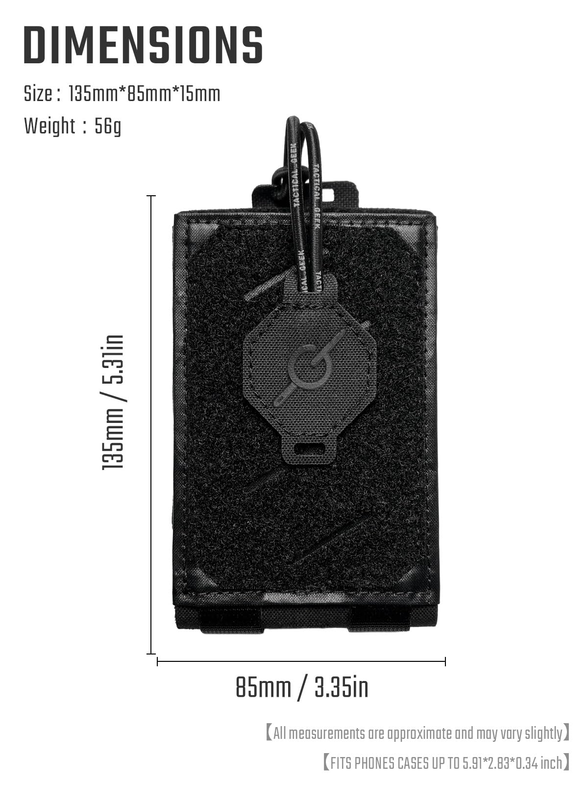 TACTICAL_GEEK EXT16 MOLLE - Custodia compatta per smartphone, in nylon, con cinghia di fissaggio, patta in per un accesso rapido, adatta per zaino e tracolla, colore: nero