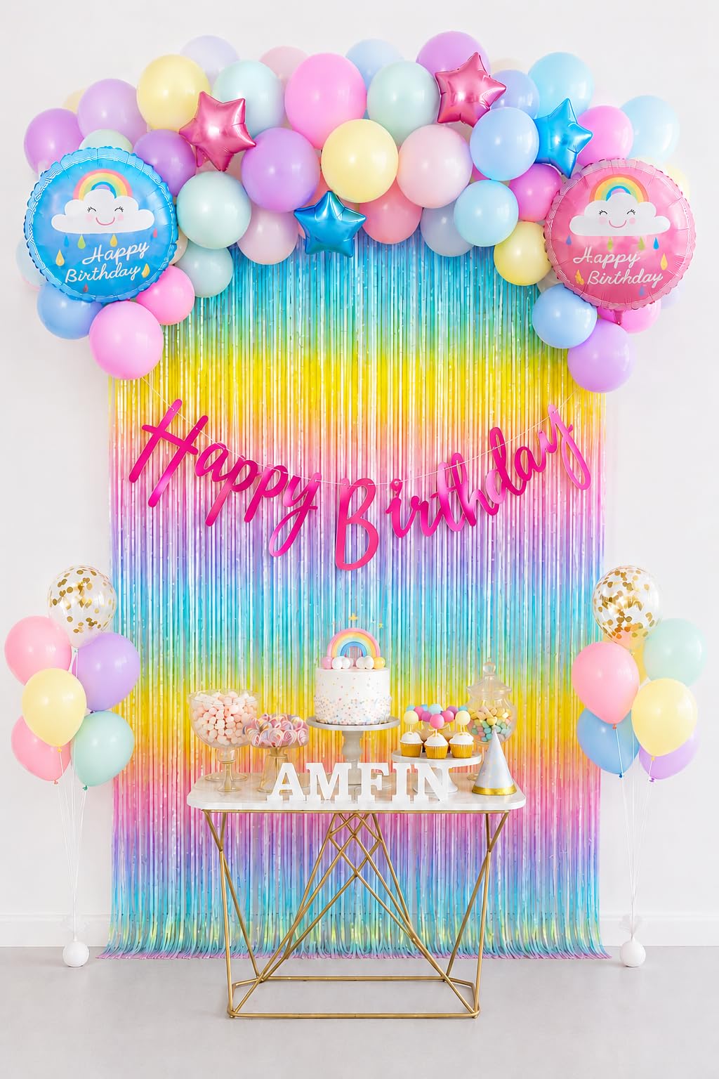AMFIN (Pack of 43) Rainbow Theme Birthday Decoration Kit Metallic Finish Women Girls Item Pink Blue Multi Sun Cloud-image-18