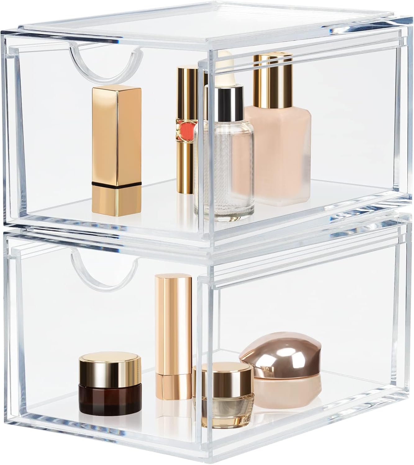 Clear Stackable Cosmetic Organizer Drawers,Acrylic Plastic Storage Bins For Vanity,Home Organization and Storage,Hair Accessories, Skin Care, Bathroom Counter or Dresser - Set of 2