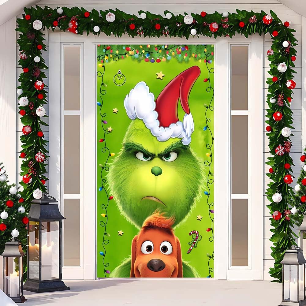 JClorix Cubierta de Puerta de Navidad, Papá Noel y Reno Adornos Navidad Exterior, Decoración Navideña Exterior e Interior, Adornos Navideños Colgantes para Hogar, Tela de Cortina para Fiesta y Navidad