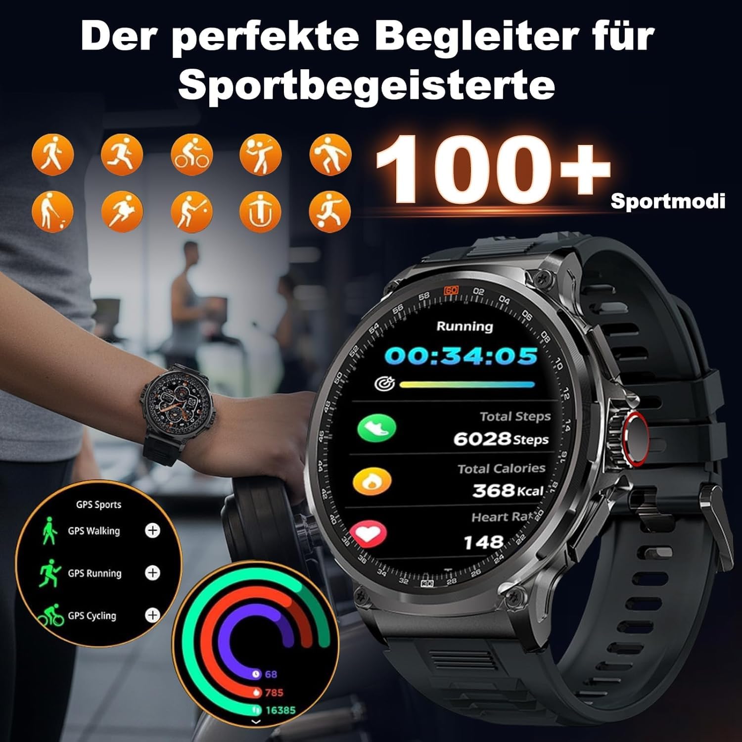 Deedlite Zeus 2.0 Smartwatch Herren, 1,85 Zoll Display, Bluetooth Anrufe, Gesundheitsmonitor, Zuverlässige Akkulaufzeit, Kompatibel mit iOS & Android