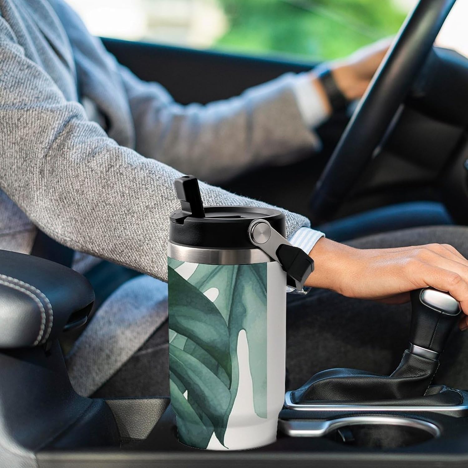 30oz Insulated Tumblers with Top Handle, Stainless Steel Watercolor Monstera Leaf Car Cup with Straw for Gift, Leak-Proof Double Wall Vacuum Travel Mug, Personalized Water Bottles Black