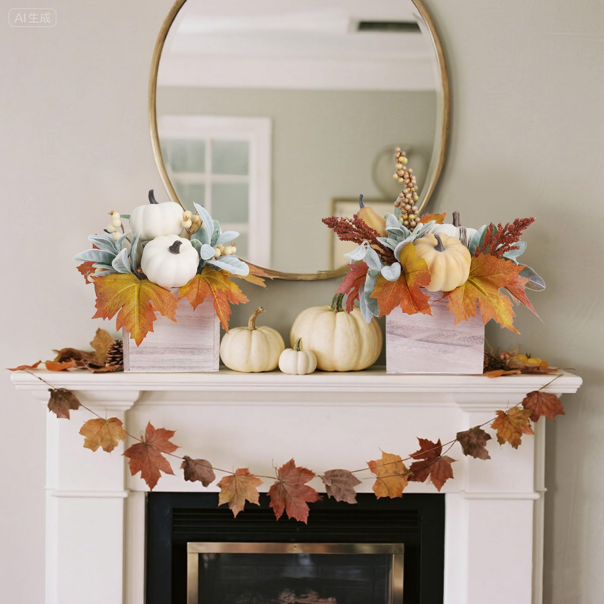 winemana Confezione da 2 decorazioni autunnali per la casa, zucca, zucca, bacche e foglie artificiali in vaso di legno, centrotavola autunnale per sala da pranzo, caminetto, interni