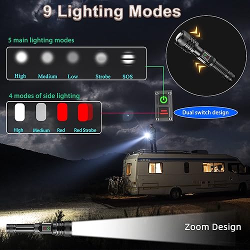 Miniatura 3 de Linterna LED recargable de 100000 lúmenes altos, linternas de carga rápida XHP160 tipo C, 9 modos con luz de trabajo COB, potente luz de flash IPX67