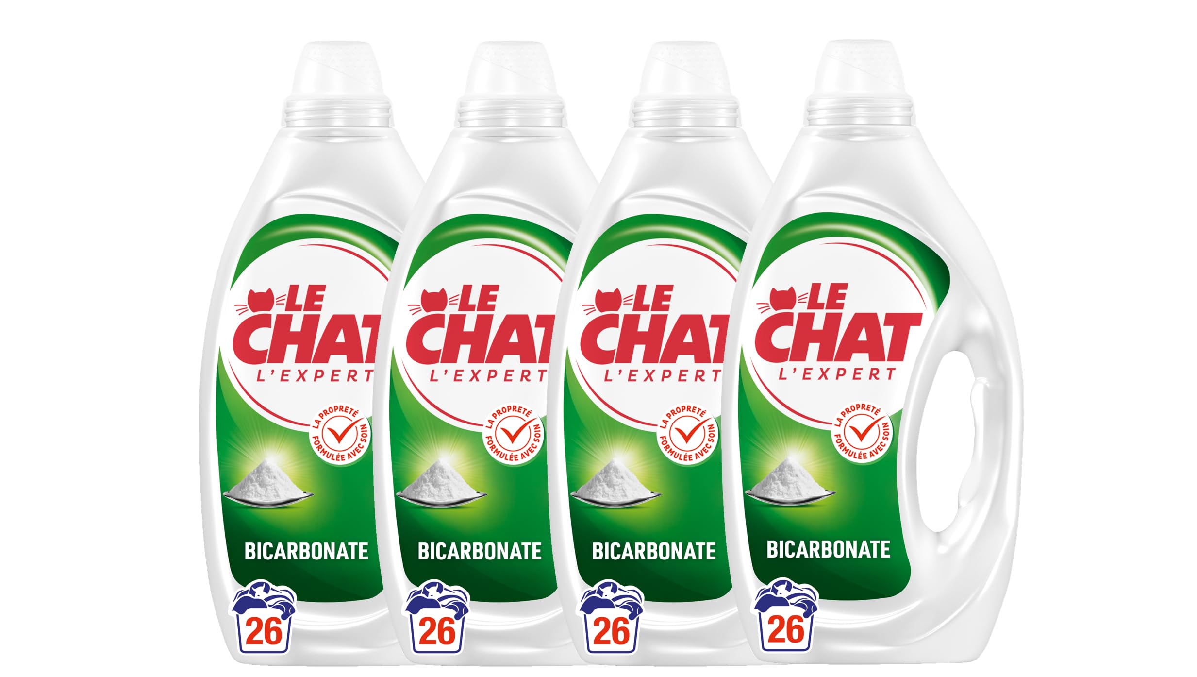 Le Chat Lessive Liquide, L'Expert Bicarbonate, Lessive pour entretien du linge, Parfum Hypoallergenique, Efficacite anti-taches, 4x26 lavages