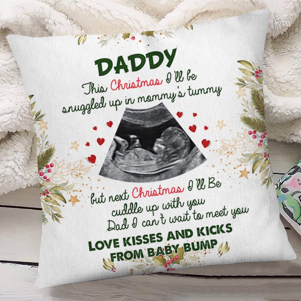 Personalized Square Pillow for Dad to Be New Dad from Baby Bump New Mom New Dad Gifts Ultrasound I Can't Wait to Meet You Cute Custom Name Photo Double Sided Couch Cushion On Christmas
