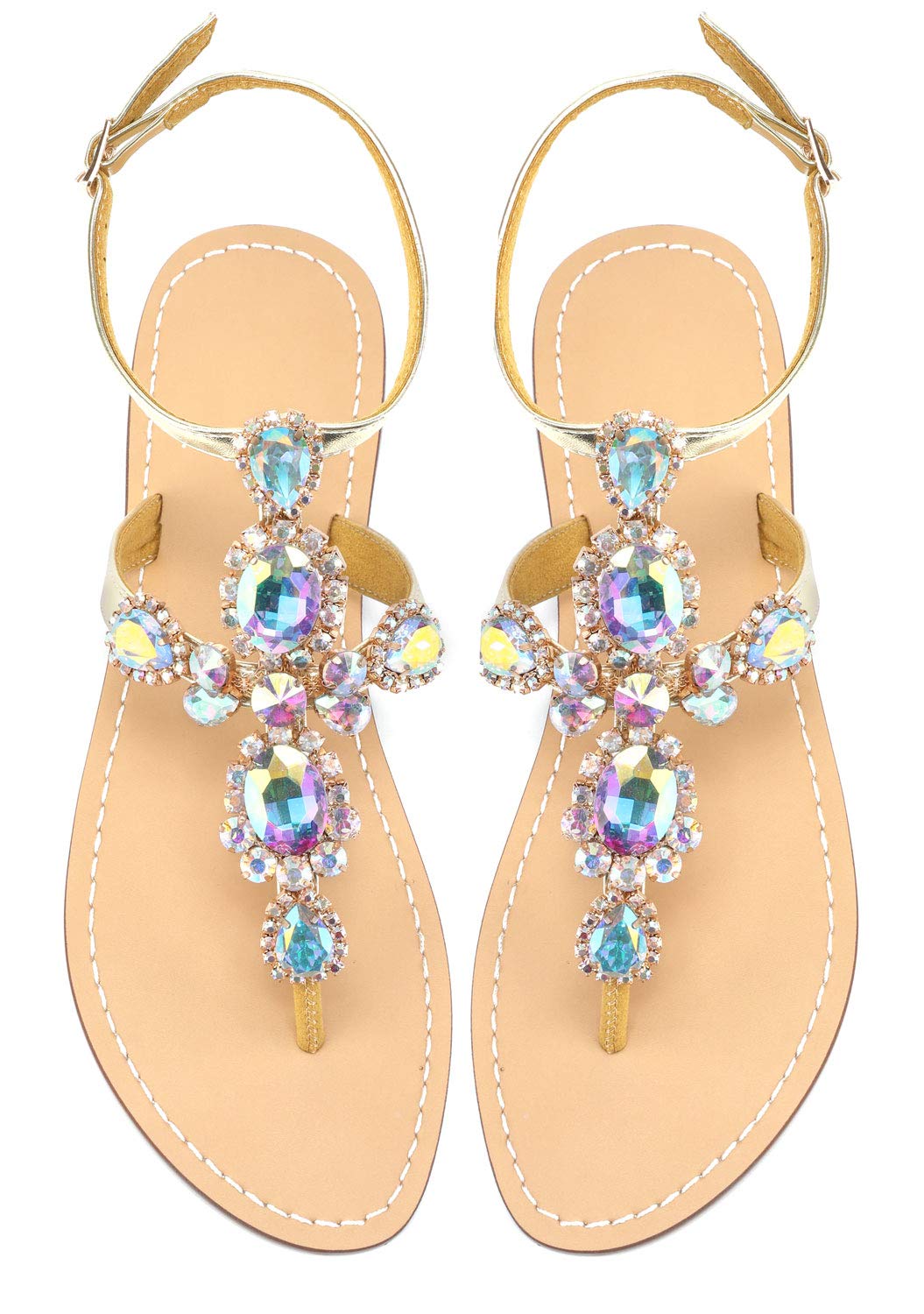 ZhuLinFeng Women'S Rhinestone Gladiator Sandals Flat Wedding Sandals Gem Pearl Sparkling Bridal Bridesmaid Sandals Blue Bohemian Sandals