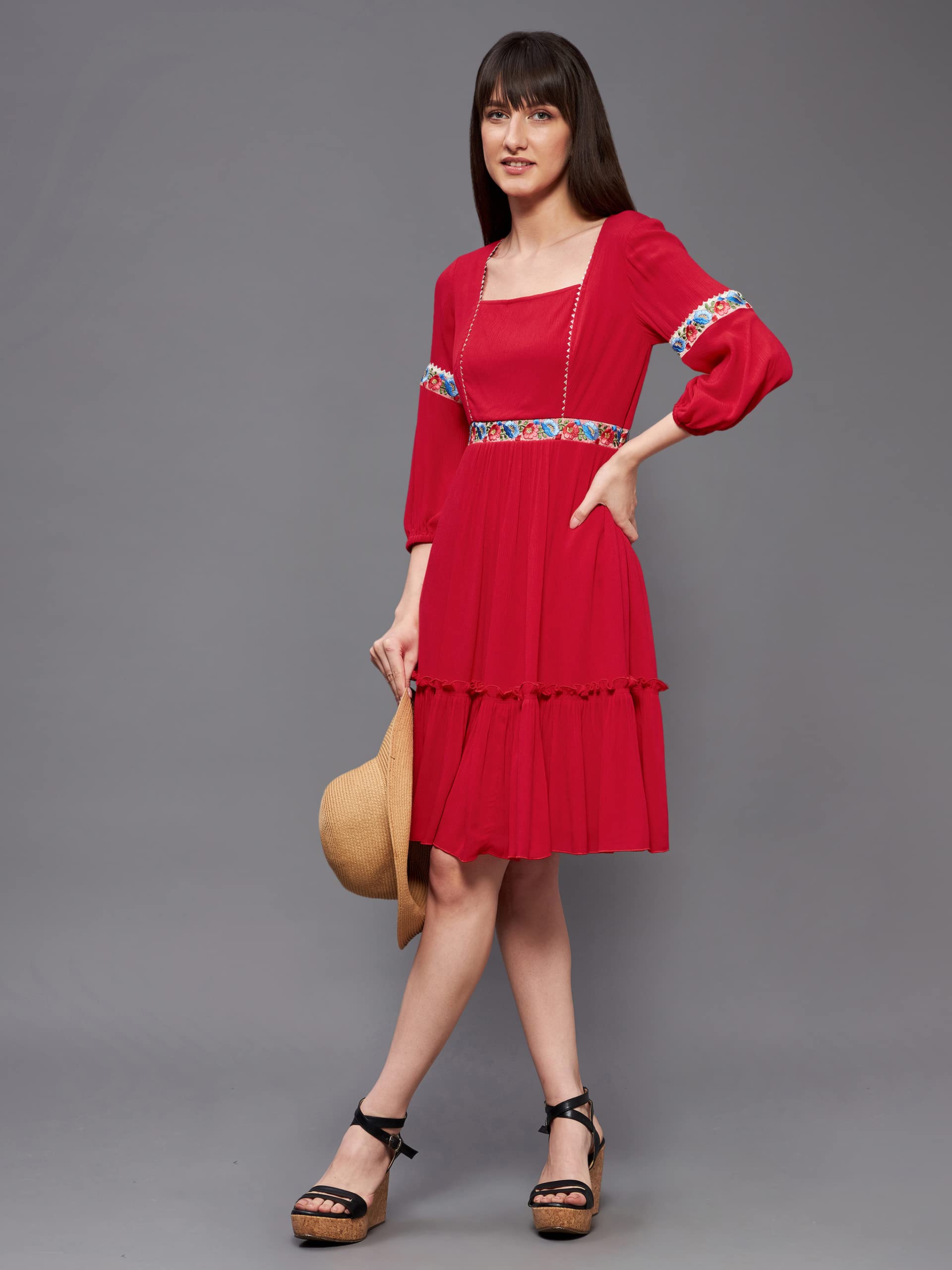 Miss Chase Women's Red Square Neck Bishop Sleeve Viscose Rayon Solid Gathered Midi Dress (Mcss22D16-07-64-04, Red, M)