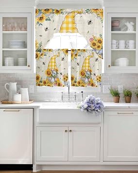 Spring Summer Bee Gnomes Swag Kitchen Curtain Sets with Valance,3 Pieces Rod Pocket Curtain Drapes for Bedroom Bathroom Cafe Windows,Sunflower Bumble Bee Yellow Plaid 56''x36''&24''x27.5''x2Panels
