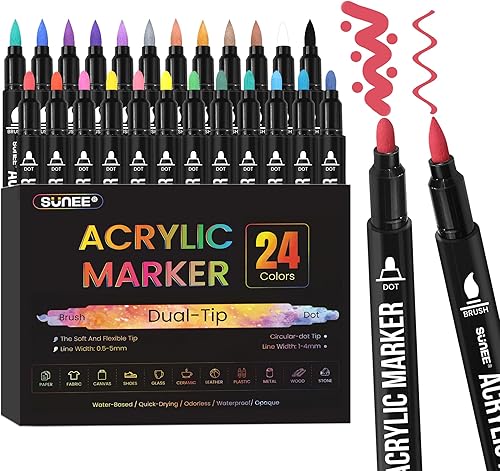 SUNEE Bolígrafos de pintura acrílica de 24 colores, rotuladores de doble punta con punta media y punta de pincel, marcadores de pintura para pintura