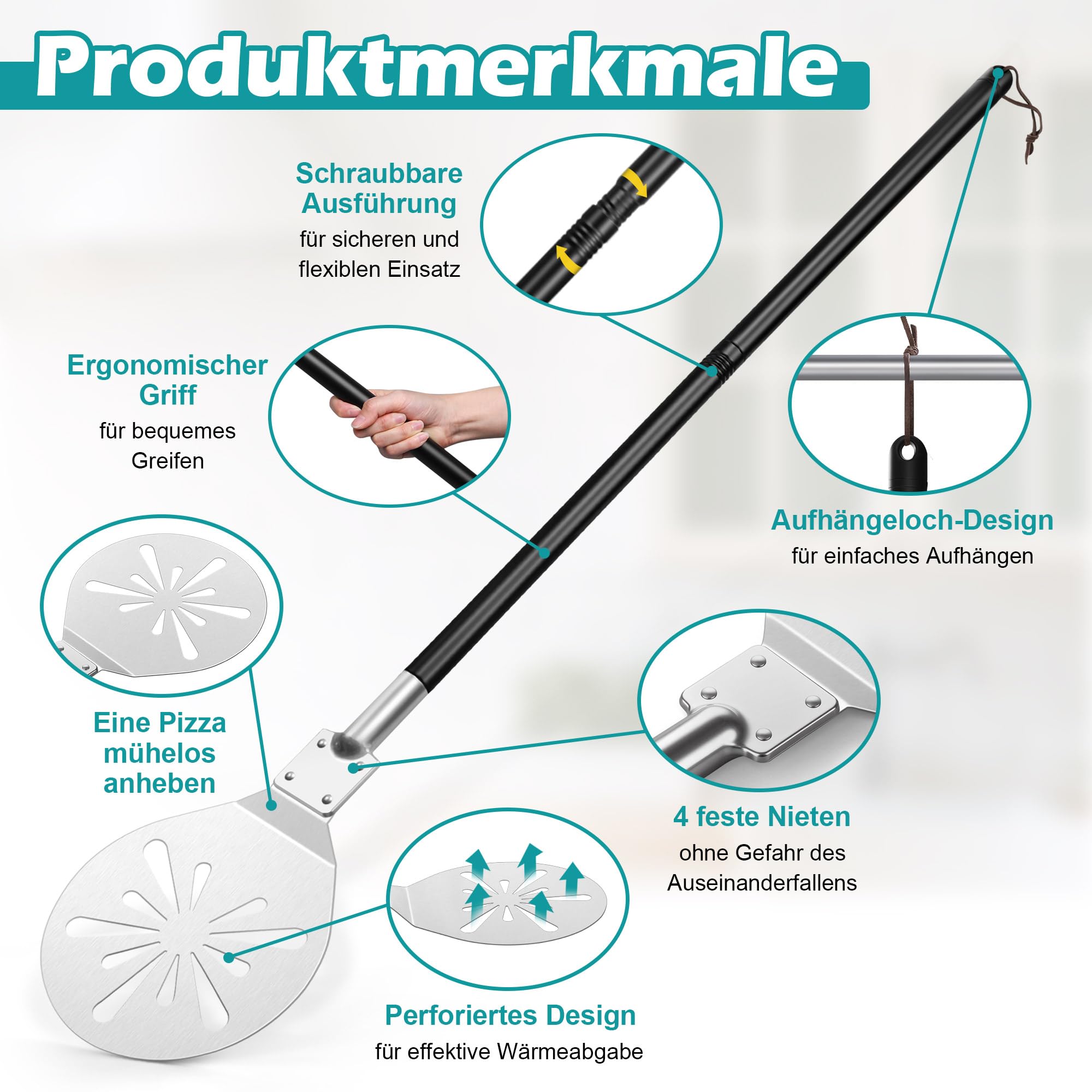Onader Perforowana łopatka do pizzy, ze stali nierdzewnej, okrągła łopatka do pizzy, ze zdejmowanym metalowym uchwytem, do pizzy, chleba, ciasta, zdrowa i łatwa do czyszczenia – 17,8 x 30,7 x 112,5 cm