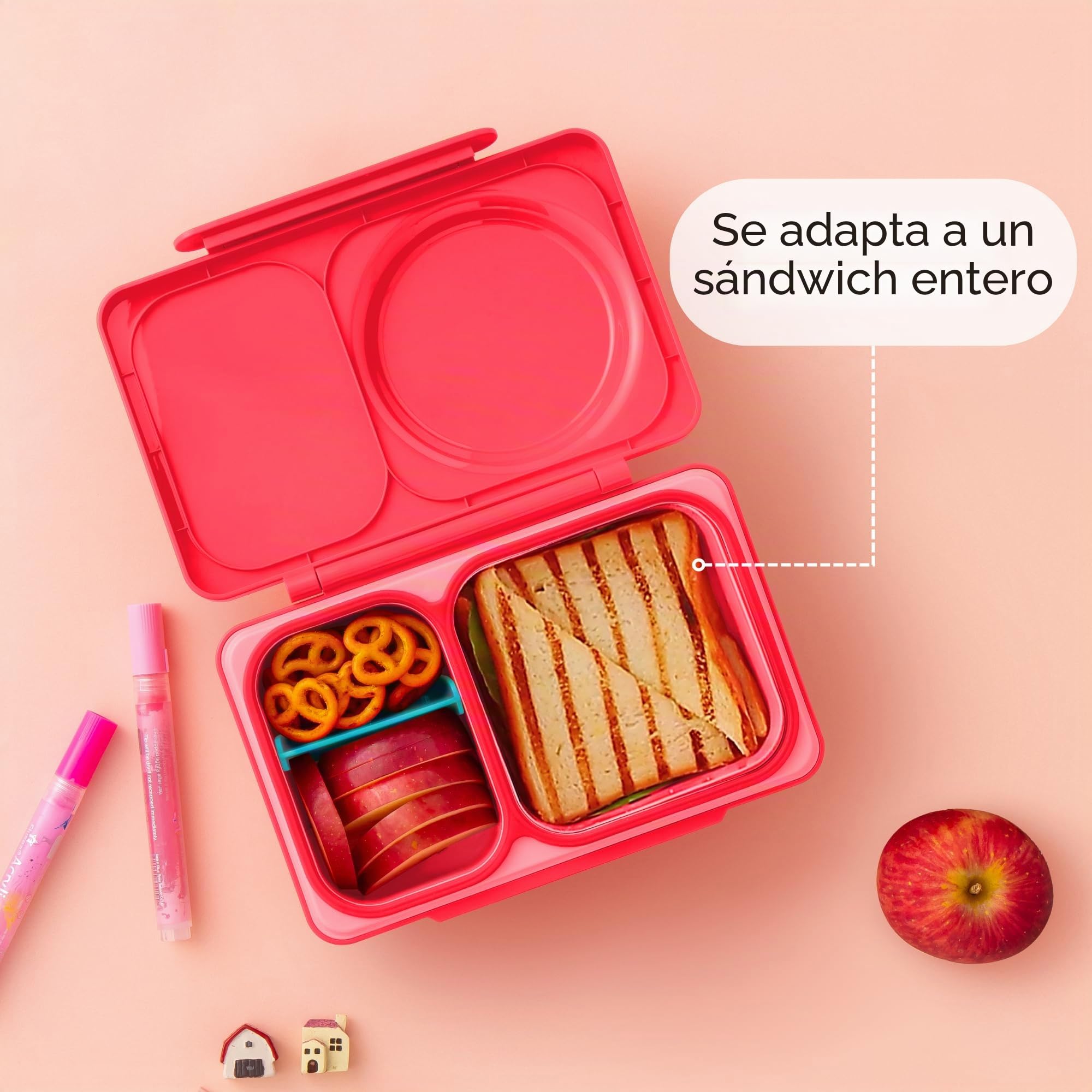 Omie OmieBox UP - Lonchera bento para niños, lonchera aislada, a prueba de fugas, tarro térmico con aislamiento al vacío, bolsa de hielo más fresca, 2 compartimentos (rosa cereza)