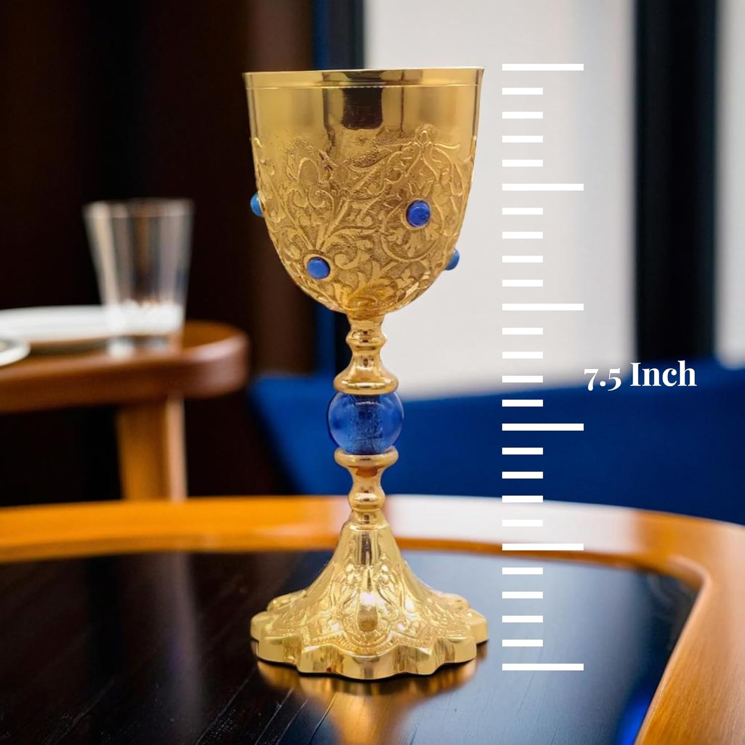 REPLICARTZ Gold Brass Chalice Goblet with Blue Stones – 7.5” Handmade Catholic Communion Cup, Medieval Wine Goblet for Mass, Religious Ceremony, or Altar Décor – 210 ml With Velvet Box