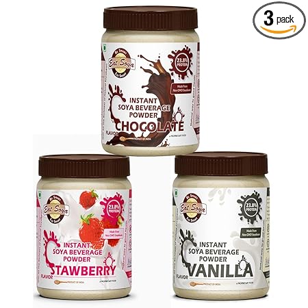 Instant Soya Drink Powder | 23.8% Protein | Vegan, Non GMO | High in Protein | Tasty & Delicious | Ready to Eat Vegan | Chocolate & Strawberry Flavored Jar | Chocolate, Vanilla, and Strawberry with 23.8% Protein - (200g X Pack of 3)