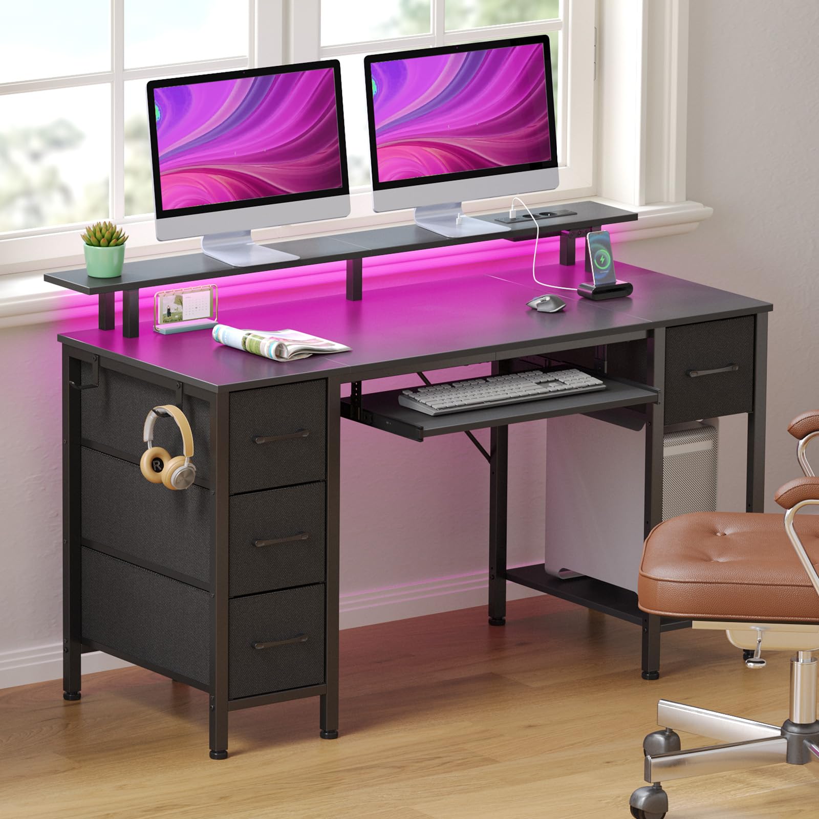 Rolanstar Bureau avec Tiroirs, Bureau Gamer 120 x 47 cm avec Prise Intégrée, LED et Support Écran, Bureau d'Ordinateur avec Plateau Clavier- pour Jeu Travail Étude, Noir