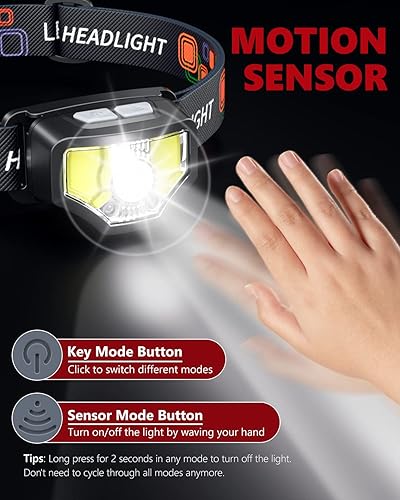 Miniatura 3 de Linterna frontal LED recargable, 1200 lúmenes, súper brillante, resistente al agua para senderismo, correr, pesca, ciclismo, con sensor de movimiento