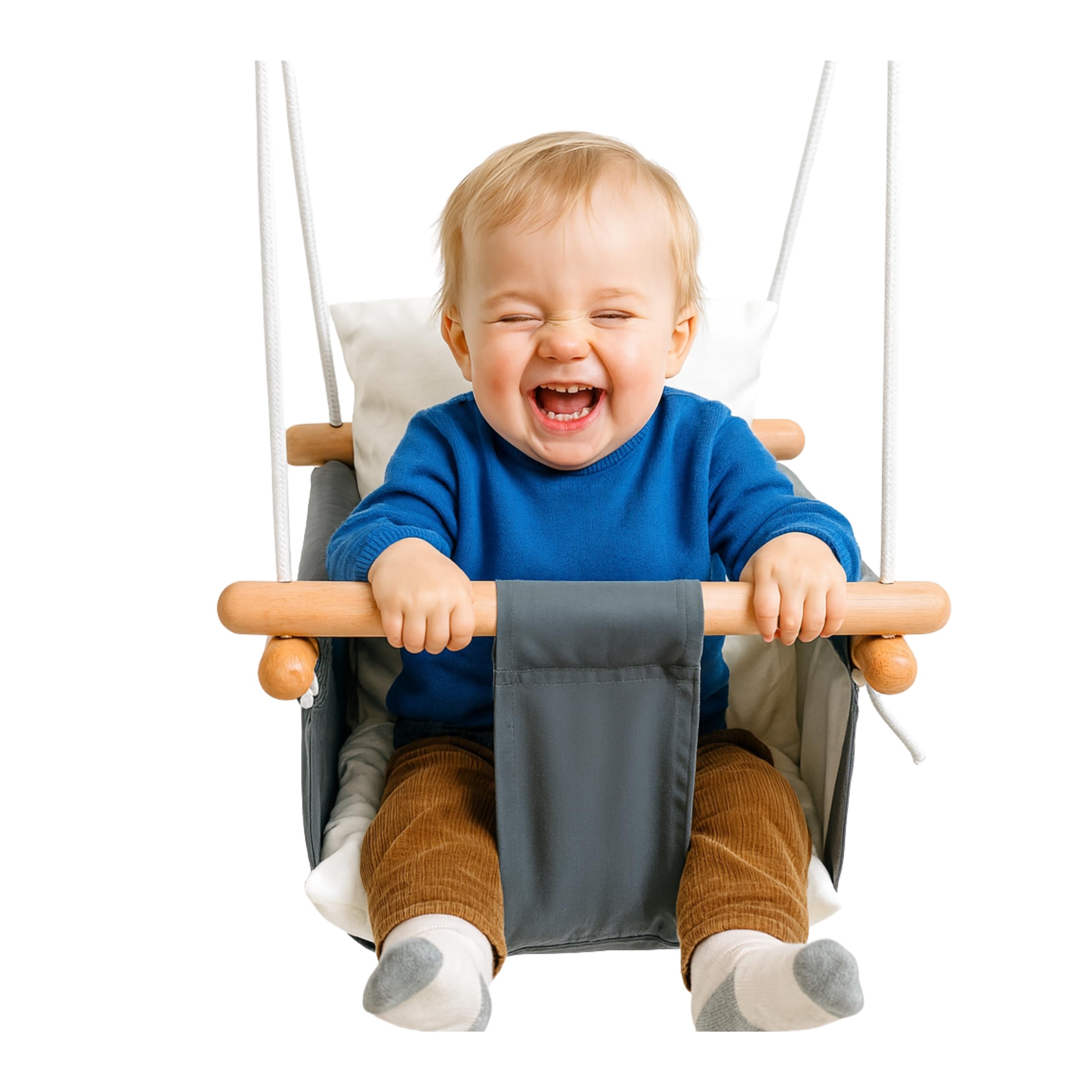 Balançoire bébé intérieur Coton Bois hêtre Blanc 30 kg | Avec ceinture de sécurité, hauteur réglable et ancrage plafond, Fabriquée en UE