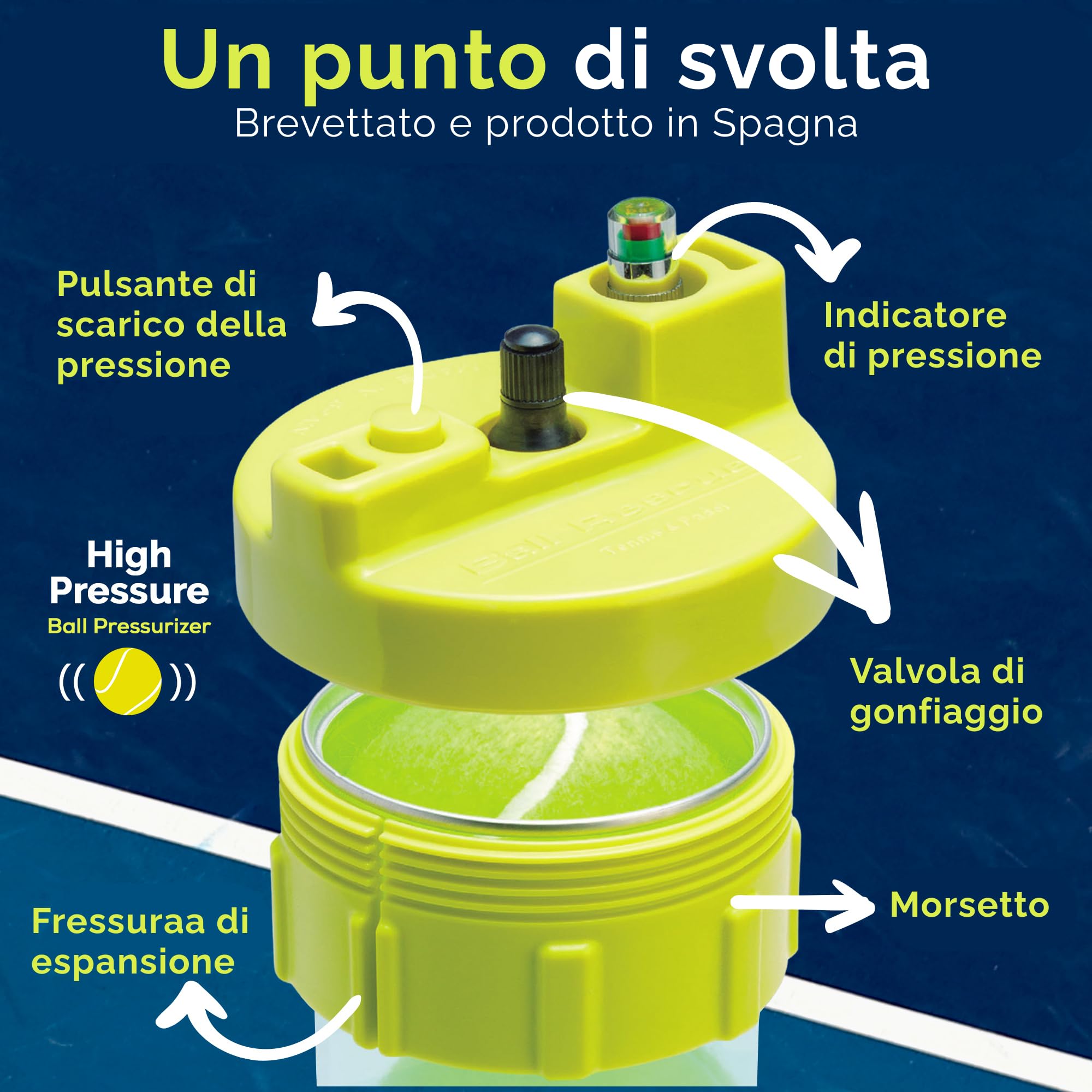 BALL RESCUER – Trasforma i contenitori di palline da padel o tennis in un contenitore pressurizzatore (contenitore non incluso).