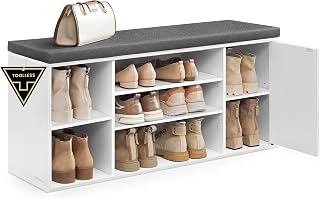 SONGMICS HOME Shoe bench, quick installation without tools, bench with open compartments, adjustable shelves, shoe holders, snow white and slate grey LHS391WE01
