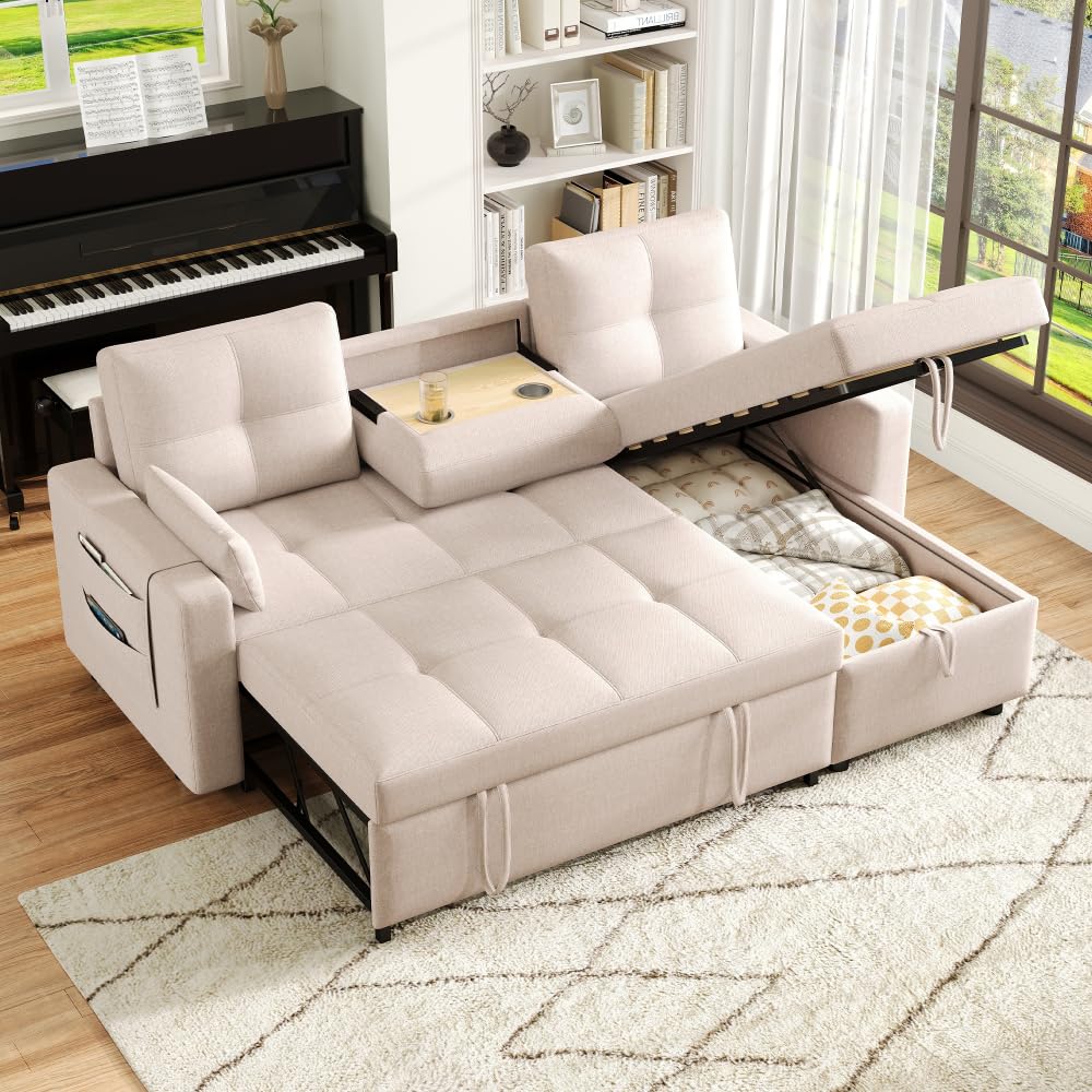 Lubvtti Sofá Cama 3 plazas con función de Cama,sofá esquinero Moderno en Forma de L con portavasos y Espacio de Almacenamiento, sofá 3 plazas,Lino,Beige