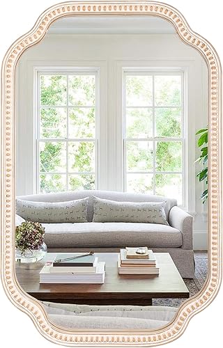 Varsoul Espejo de baño montado en la pared de 24 x 36 pulgadas, marco de madera de ratán con cuentas de resina, espejo de pared rústico de granja