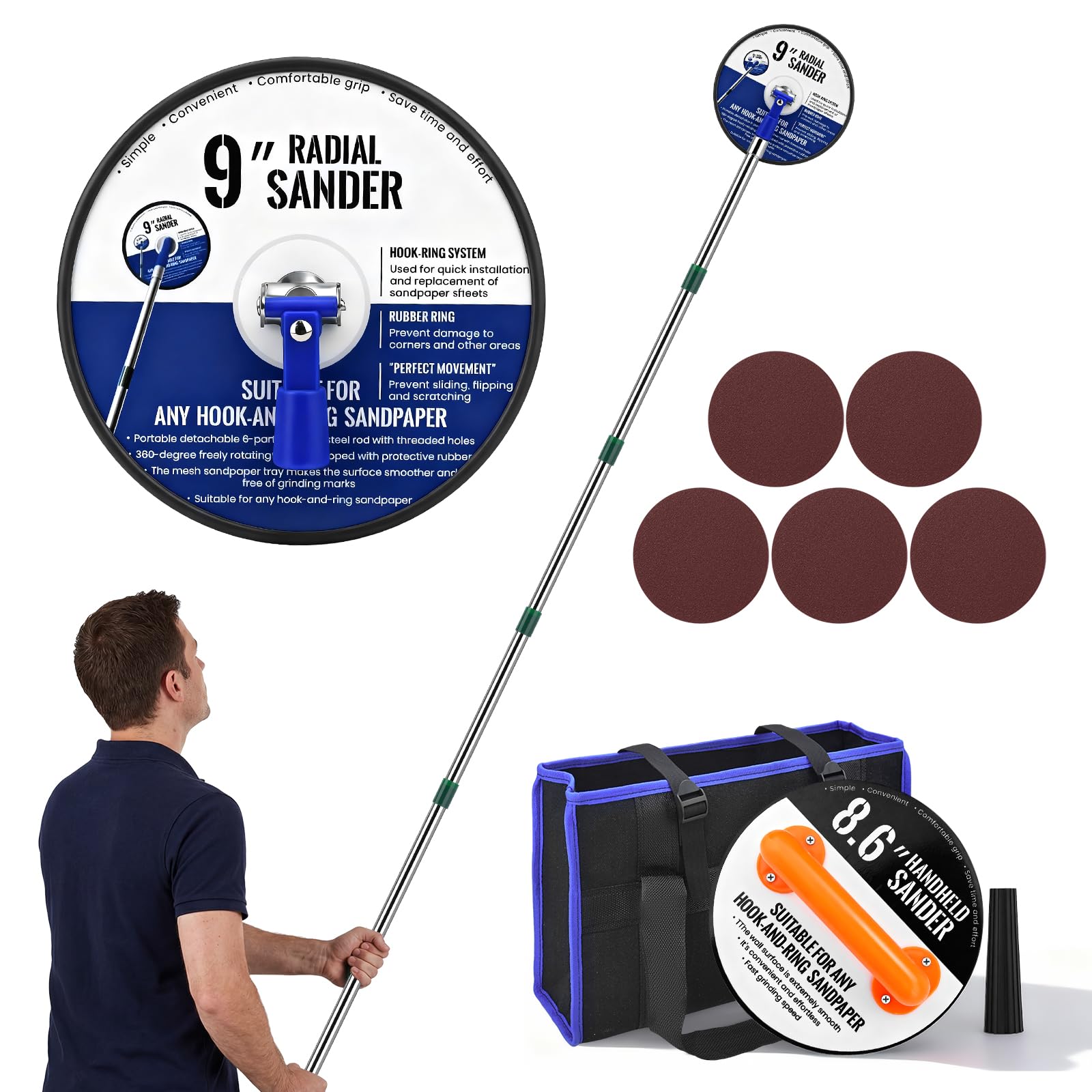 Lijadora de poste para paneles de yeso, poste de extensión ajustable de 89 pulgadas, bolsa, cabezal de lijado circular giratorio de 360° para paredes y techos, completa con 5 hojas de lijado (grano 80