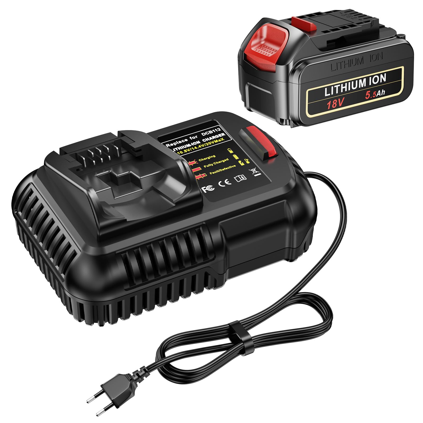 LabTEC Akumulator do Dewalt DCB204 z ładowarką 10,8 V-14,4 V-20 V do DCB112, akumulator litowo-jonowy kompatybilny z DCB120, DCB121, DCB206, DCB205, DCB181, DCB181-XJ