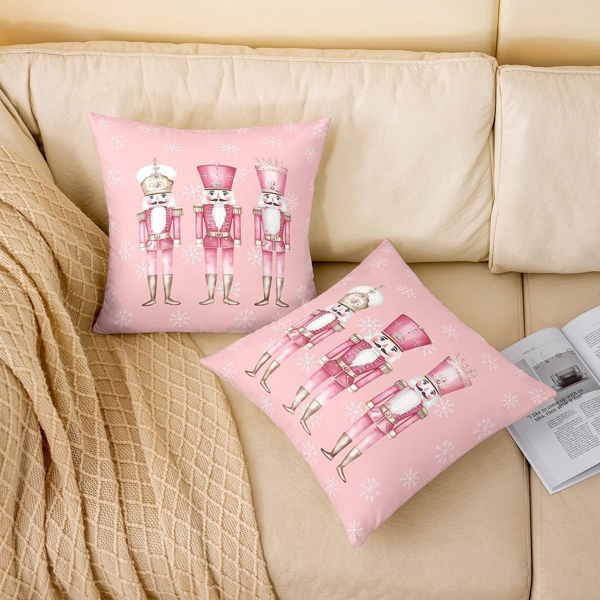 Erosebridal Pack of 1 Pink Christmas Nutcracker Throw Pillow Covers - Winter Snowflake Pillow Cases for Girls Kids, Winter Themed Cushion Covers 24x24, Cute Xmas Decorations Pillowcases