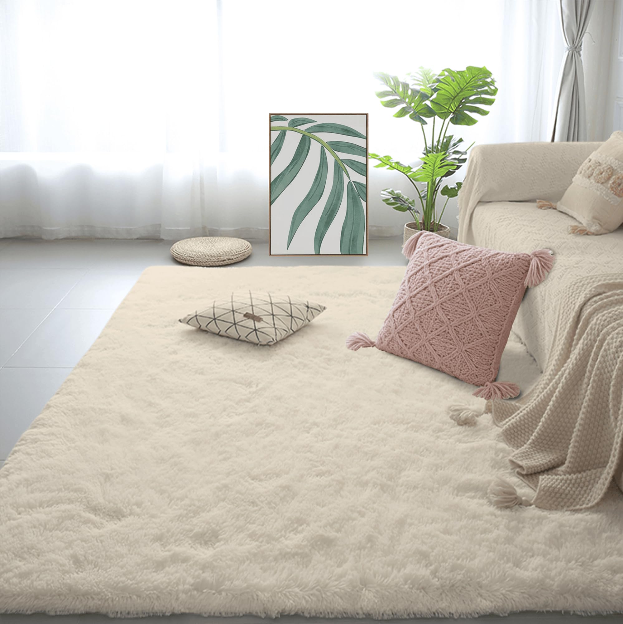 Tapis de salon shaggy 130x140 pour chambre adulte grand tapis crème doux et chaleureux