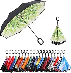 Guarda-chuva invertido de camada dupla NC Saa com alça em forma de C, guarda-chuva reto anti-UV à prova de vento à prova de vento para uso externo (folhas verdes)