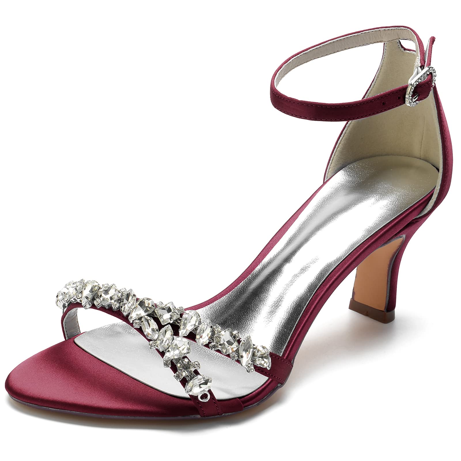Dames Bruiloft Sandalen 2023 Zomer satijn Kitten Heel Hoge Hakken Sandalen Open Teen prom Party bruid Schoenen,Wine red,36 EU